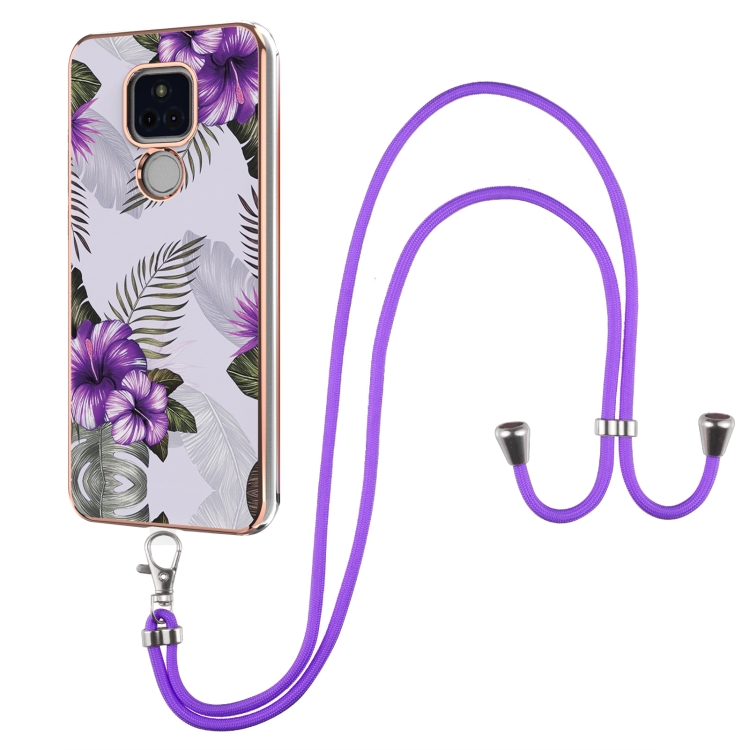 

For Motorola Moto G Play 2021 Electroplating Pattern IMD TPU Shockproof Case with Neck Lanyard(Purple Flower)