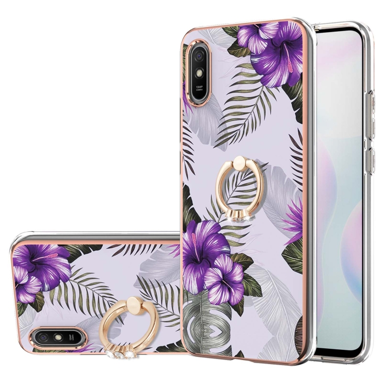 

For Xiaomi Redmi 9A Electroplating Pattern IMD TPU Shockproof Case with Rhinestone Ring Holder(Purple Flower)