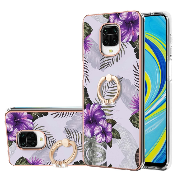 

For Xiaomi Redmi Note 9S/Note 9 Pro/Note 9 Pro Max Electroplating Pattern IMD TPU Shockproof Case with Rhinestone Ring Holder(Purple Flower)