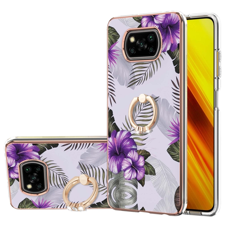 

For Xiaomi Poco X3 NFC Electroplating Pattern IMD TPU Shockproof Case with Rhinestone Ring Holder(Purple Flower)