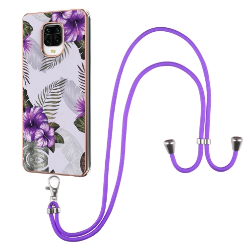 

For Xiaomi Redmi Note 9S / Note 9 Pro Electroplating Pattern IMD TPU Shockproof Case with Neck Lanyard(Purple Flower)