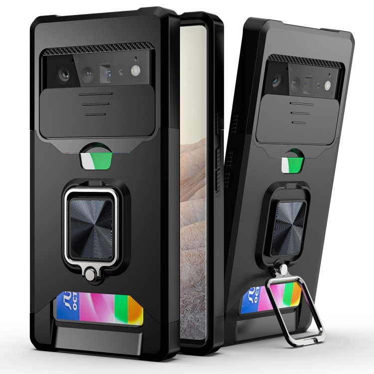 

For Google Pixel 6 Sliding Camera Cover Design PC + TPU Shockproof Case with Ring Holder & Card Slot(Black)