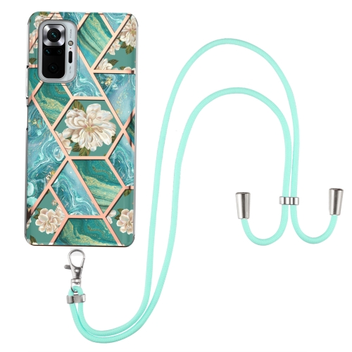 

For Xiaomi Redmi Note 10 Pro/ 10 Pro Max Electroplating Splicing Marble Flower Pattern TPU Shockproof Case with Lanyard(Blue Flower)