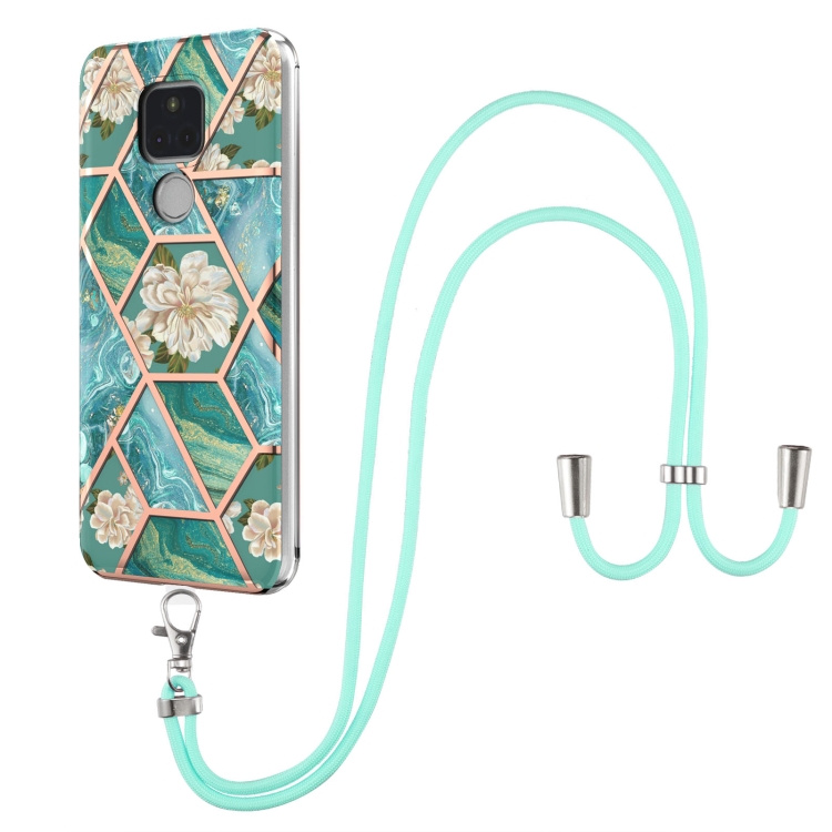 

For Motorola Moto G Play 2021 Electroplating Splicing Marble Flower Pattern TPU Shockproof Case with Lanyard(Blue Flower)