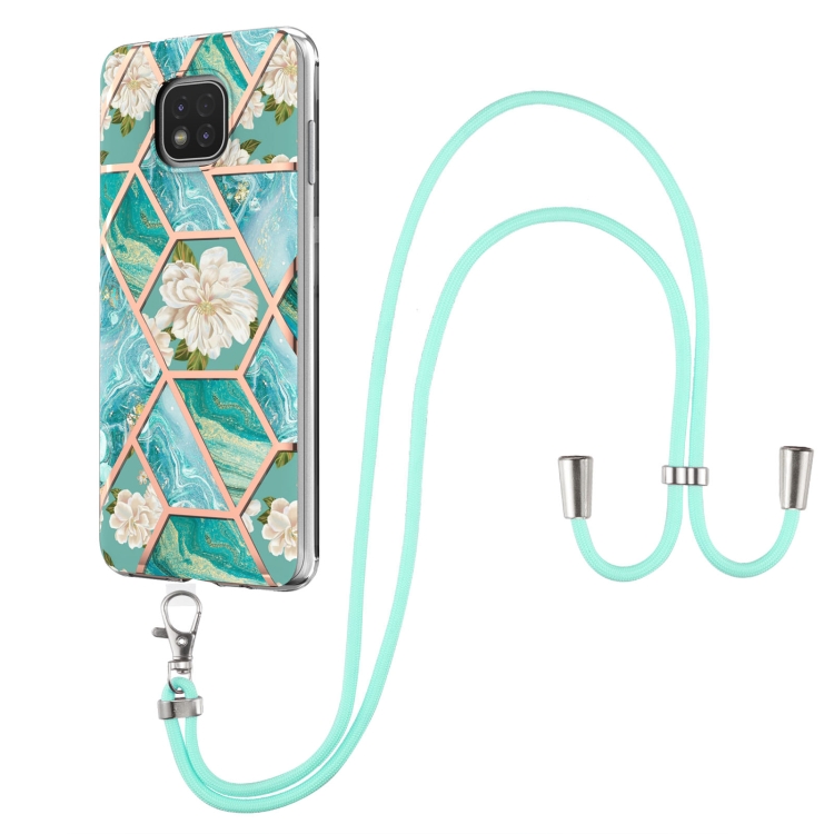 

For Motorola Moto G Power 2021 Electroplating Splicing Marble Flower Pattern TPU Shockproof Case with Lanyard(Blue Flower)