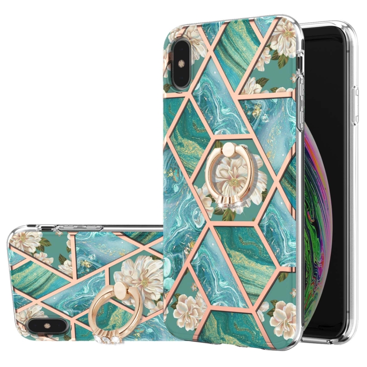 

Electroplating Splicing Marble Flower Pattern TPU Shockproof Case with Rhinestone Ring Holder For iPhone X / XS(Blue Flower)