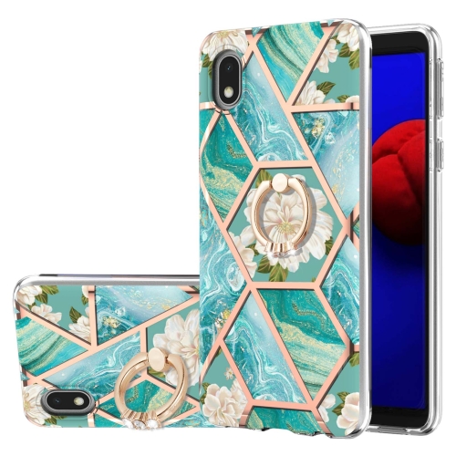 

For Samsung Galaxy A01 Core Electroplating Splicing Marble Flower Pattern TPU Shockproof Case with Rhinestone Ring Holder(Blue Flower)