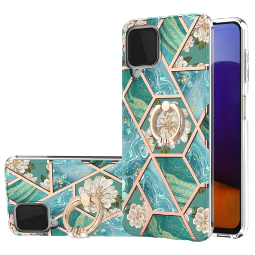 

For Samsung Galaxy A22 4G EU Version Electroplating Splicing Marble Flower Pattern TPU Shockproof Case with Rhinestone Ring Holder(Blue Flower)