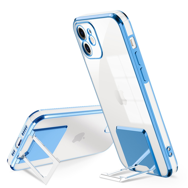 

Electroplating Transparent Protective Cover Casem with Holder Function For iPhone 11(Blue)