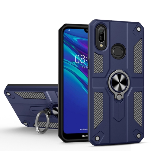 

For Huawei Y6 (2019) Carbon Fiber Pattern PC + TPU Protective Case with Ring Holder(Sapphire Blue)