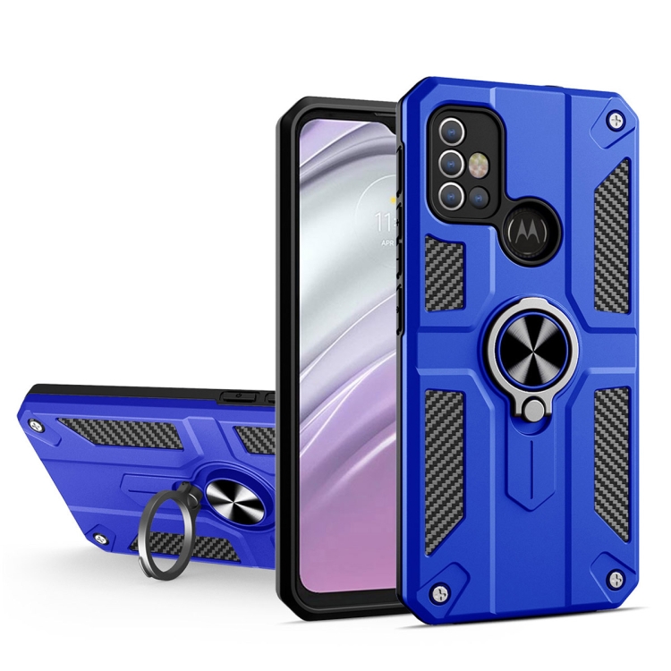 

For Motorola Moto G10 / G20 / G30 Carbon Fiber Pattern PC + TPU Protective Case with Ring Holder(Dark Blue)
