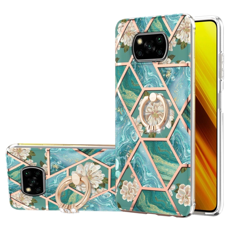 

For Xiaomi Poco X3 NFC Electroplating Splicing Marble Flower Pattern TPU Shockproof Case with Rhinestone Ring Holder(Blue Flower)