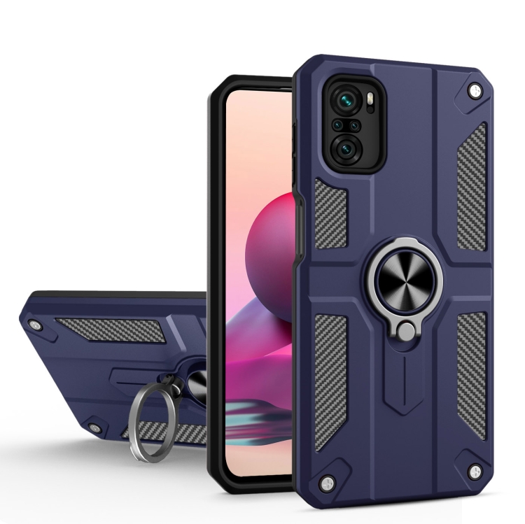 

For Xiaomi Redmi Note 10 4G Carbon Fiber Pattern PC + TPU Protective Case with Ring Holder(Sapphire Blue)