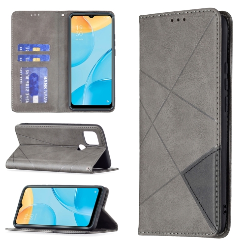 

For OPPO A15 Rhombus Texture Horizontal Flip Magnetic Leather Case with Holder & Card Slots(Grey)