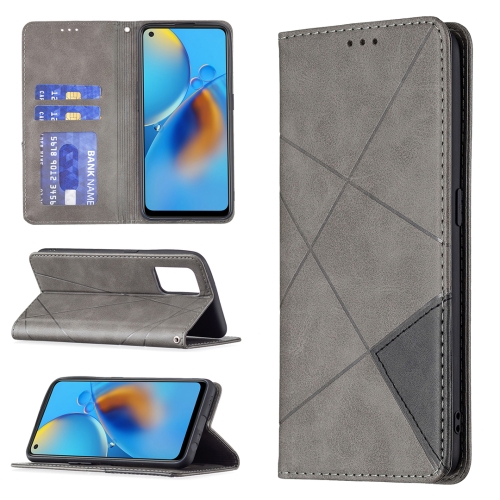 

For OPPO A74 4G / F19 4G Rhombus Texture Horizontal Flip Magnetic Leather Case with Holder & Card Slots(Grey)