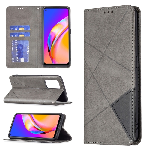 

For OPPO A94 5G / F19 Pro Plus / Reno5 Z 5G Rhombus Texture Horizontal Flip Magnetic Leather Case with Holder & Card Slots(Grey)