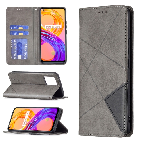 

For OPPO Realme 8 / 8 Pro Rhombus Texture Horizontal Flip Magnetic Leather Case with Holder & Card Slots(Grey)