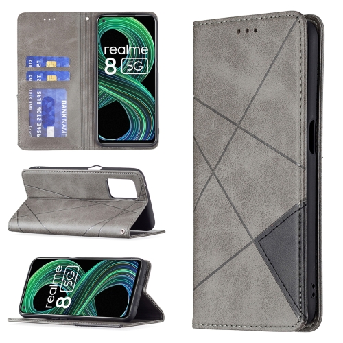 

For OPPO Realme 8 5G / V13 Rhombus Texture Horizontal Flip Magnetic Leather Case with Holder & Card Slots(Grey)