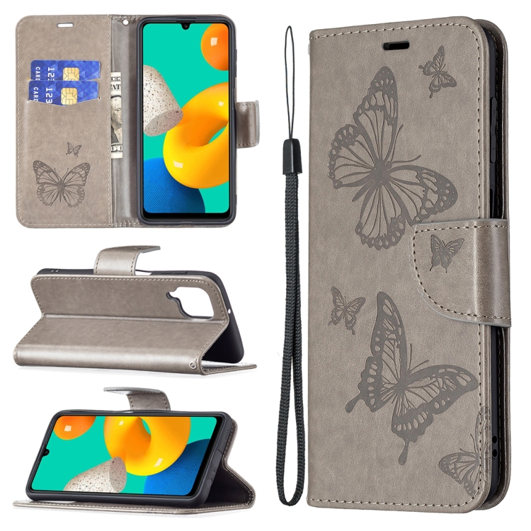 

For Samsung Galaxy M32 Embossing Two Butterflies Pattern Horizontal Flip PU Leather Case with Holder & Card Slot & Wallet & Lanyard(Grey)