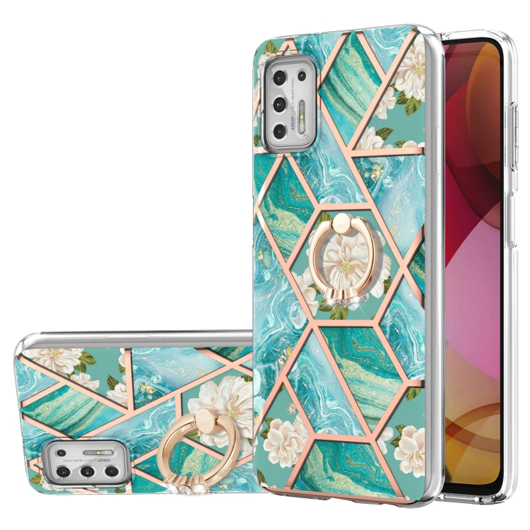 

For Motorola Moto G Stylus (2021) Electroplating Splicing Marble Flower Pattern TPU Shockproof Case with Rhinestone Ring Holder(Blue Flower)