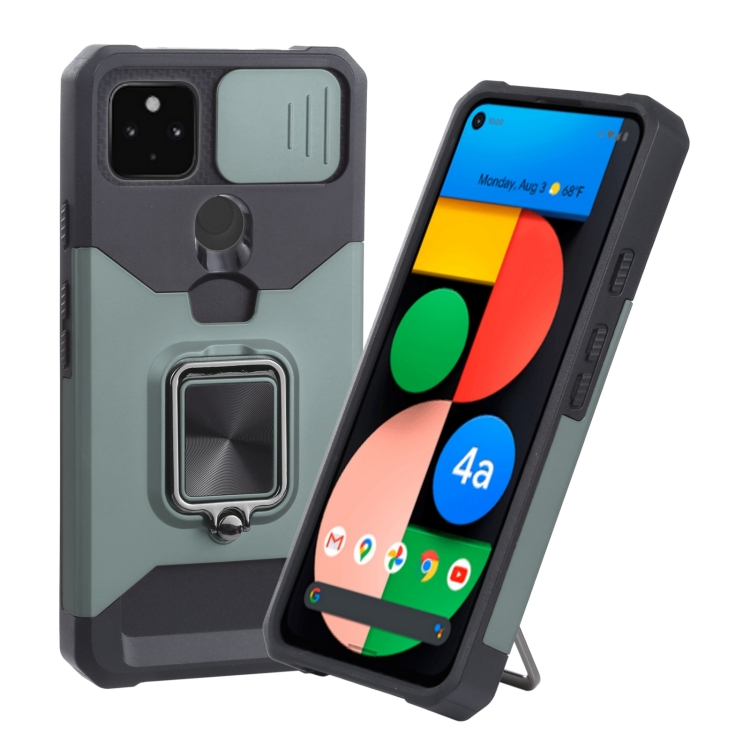 

For Google Pixel 5a 5G Sliding Camera Cover Design PC + TPU Shockproof Case with Ring Holder & Card Slot(Dark Green)