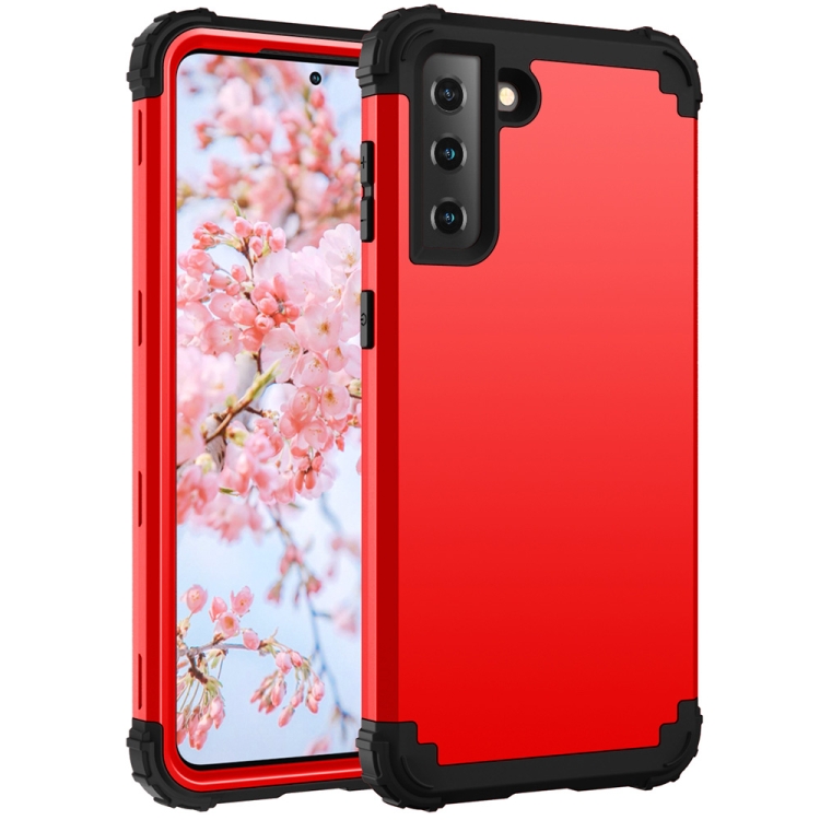 

For Samsung Galaxy S21 FE 3 in 1 Shockproof PC + Silicone Protective Case(Red + Black)
