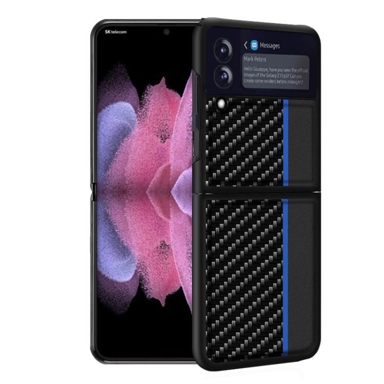 

For Samsung Galaxy Z Flip4 Carbon Fiber Texture Shockproof Splicing Leather Case (Blue)