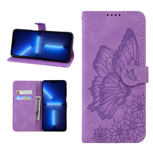 

For iPhone 13 Pro Max Retro Skin Feel Butterflies Embossing Horizontal Flip Leather Case with Holder & Card Slots & Wallet (Purple)