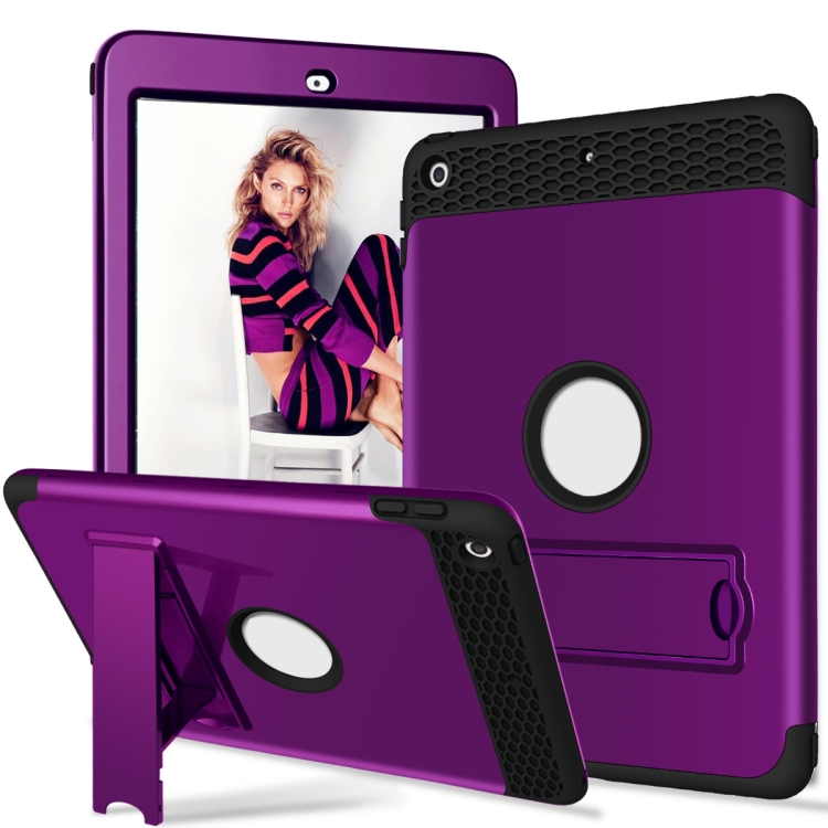 

3 in 1 Honeycomb Silicone + PC Shockproof Protective Case with Holder For iPad 9.7 2018 / 2017(Dark Purple + Black)