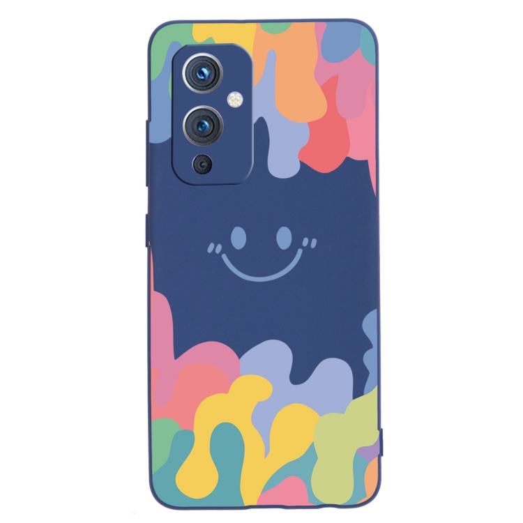 

For OnePlus 9 Painted Smiley Face Pattern Liquid Silicone Shockproof Case(Dark Blue)