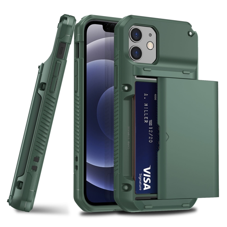 

For iPhone 13 Shockproof Heavy Duty Armor Protective Case with Slide Multi-Card Slot(Green)