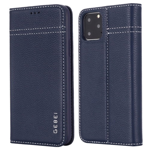 For iPhone 11 GEBEI Top-grain Leather Horizontal Flip Protective Case with Holder & Card Slots(Blue)