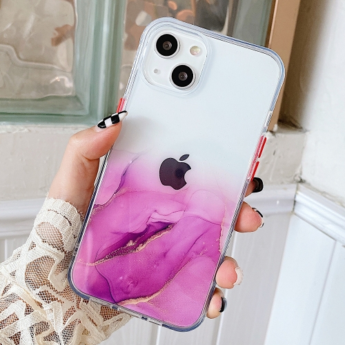 

For iPhone 13 Marble Pattern Glittery Powder Shockproof TPU + Acrylic Protective Case with Detachable Buttons(Purple)