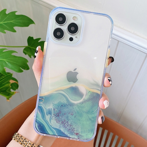 

For iPhone 13 Pro Max Marble Pattern Glittery Powder Shockproof TPU + Acrylic Protective Case with Detachable Buttons (Green)