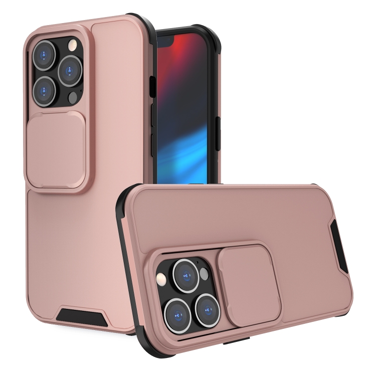 

For iPhone 13 Up and Down Sliding Camera Cover Design Shockproof TPU + PC Protective Case(Rose Gold)