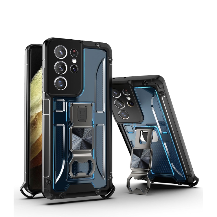 

PC + TPU Shockproof Protective Case with Corkscrew Holder For Samsung Galaxy S21 Ultra 5G(Sapphire Blue)