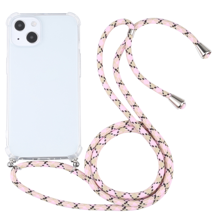 

Four-corner Shockproof Transparent TPU Protective Case with Lanyard For iPhone 13 mini(Colorful Pink)