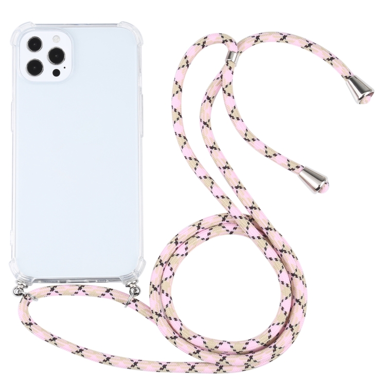 

For iPhone 13 Pro Four-corner Shockproof Transparent TPU Protective Case with Lanyard (Colorful Pink)
