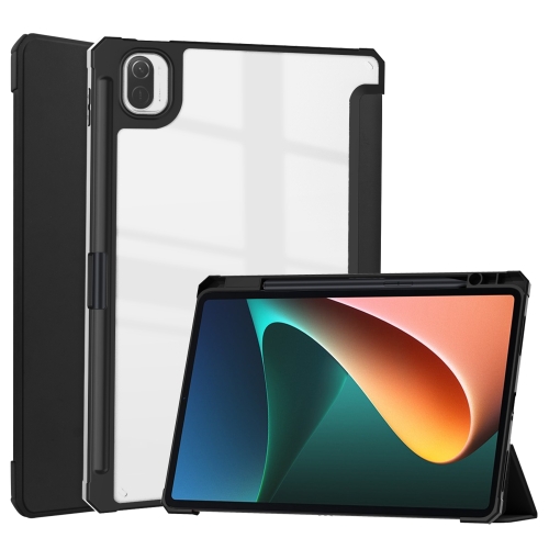 

For Xiaomi Pad 5 / 5 Pro Three-fold Transparent TPU Horizontal Flip Leather Case with Pen Slot & Three-fold Holder & Sleep / Wake-up Function(Black)