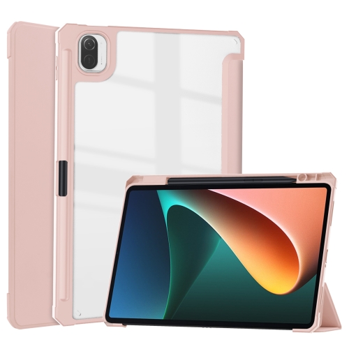 

For Xiaomi Pad 5 / 5 Pro Three-fold Transparent TPU Horizontal Flip Leather Case with Pen Slot & Three-fold Holder & Sleep / Wake-up Function(Rose Gold)