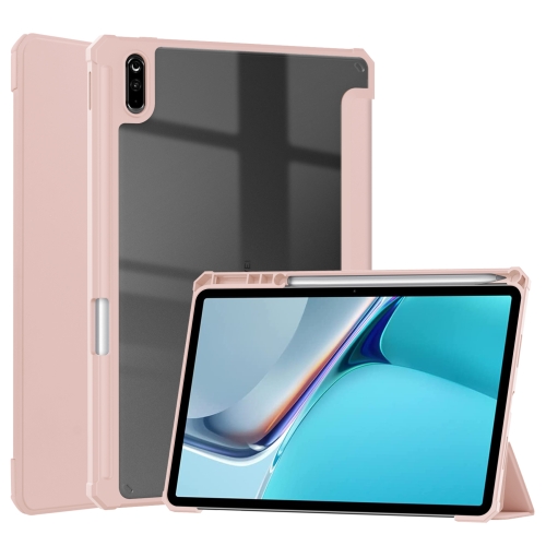 

For Huawei MatePad 11 2021 Three-fold Transparent TPU Horizontal Flip Leather Case with Pen Slot & Three-fold Holder & Sleep / Wake-up Function(Rose Gold)