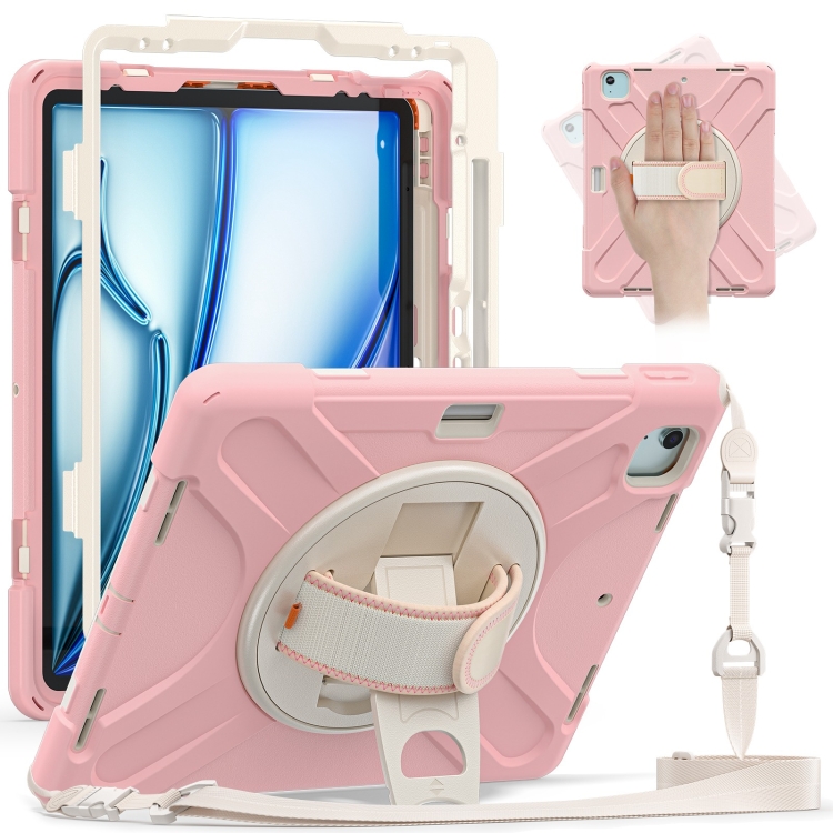 

For iPad Pro 12.9 2021 Silicone + PC Protective Tablet Case with Holder & Shoulder Strap(Rose Gold)