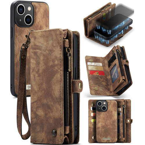 CaseMe-008 Detachable Multifunctional Horizontal Flip Leather Case with Card Slot & Holder & Zipper Wallet & Photo Frame For iPhone 13 mini(Brown)