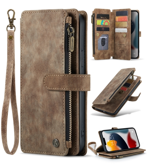 

For iPhone 13 Pro CaseMe-C30 PU + TPU Multifunctional Horizontal Flip Leather Case with Holder & Card Slot & Wallet & Zipper Pocket (Brown)