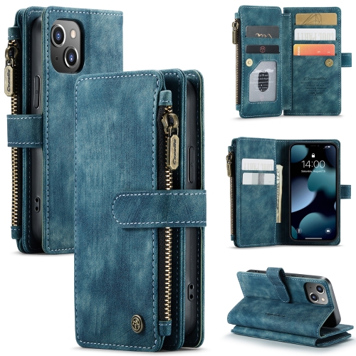CaseMe-C30 PU + TPU Multifunctional Horizontal Flip Leather Case with Holder & Card Slot & Wallet & Zipper Pocket For iPhone 13 mini(Blue)