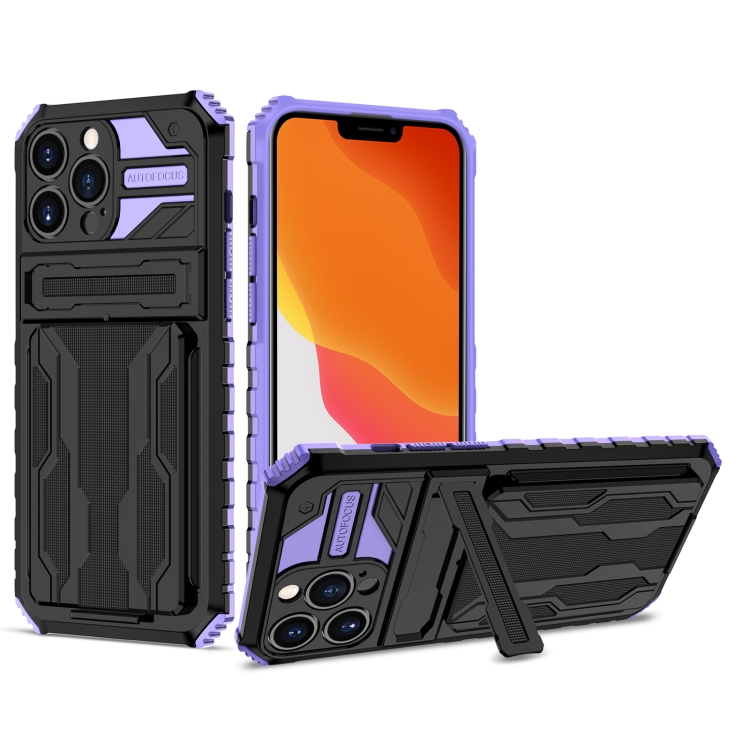 

Kickstand Armor Card Wallet Phone Case For iPhone 13 Pro Max(Purple)