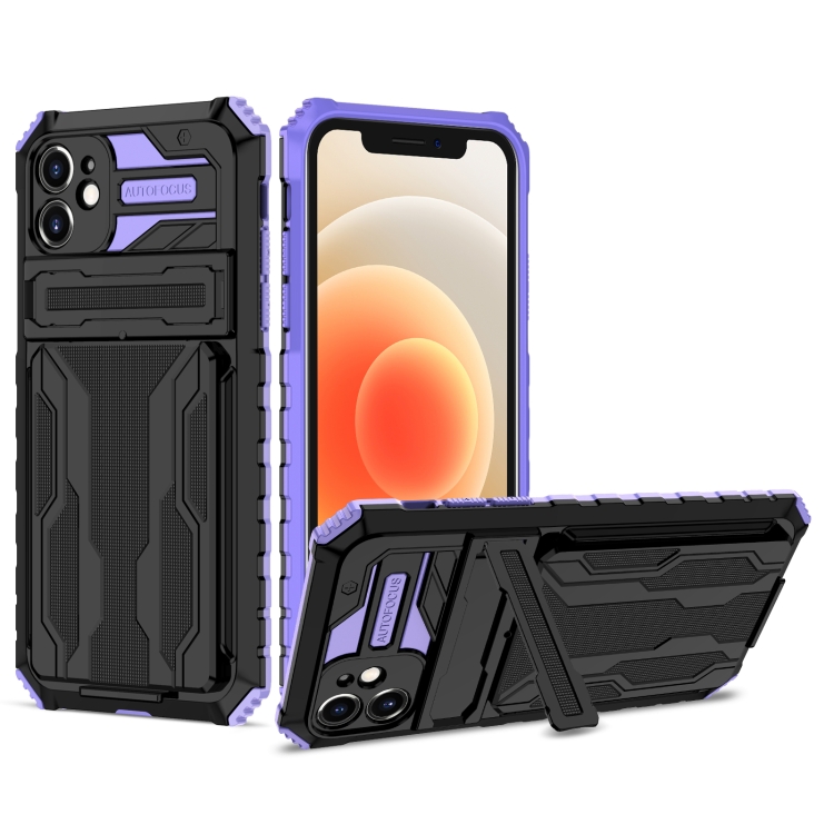 

Kickstand Armor Card Wallet Phone Case For iPhone 12(Purple)