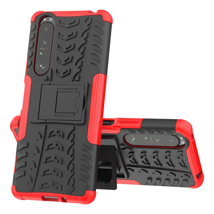

For Sony Xperia 1 III Tire Texture Shockproof TPU+PC Protective Case with Holder(Red)