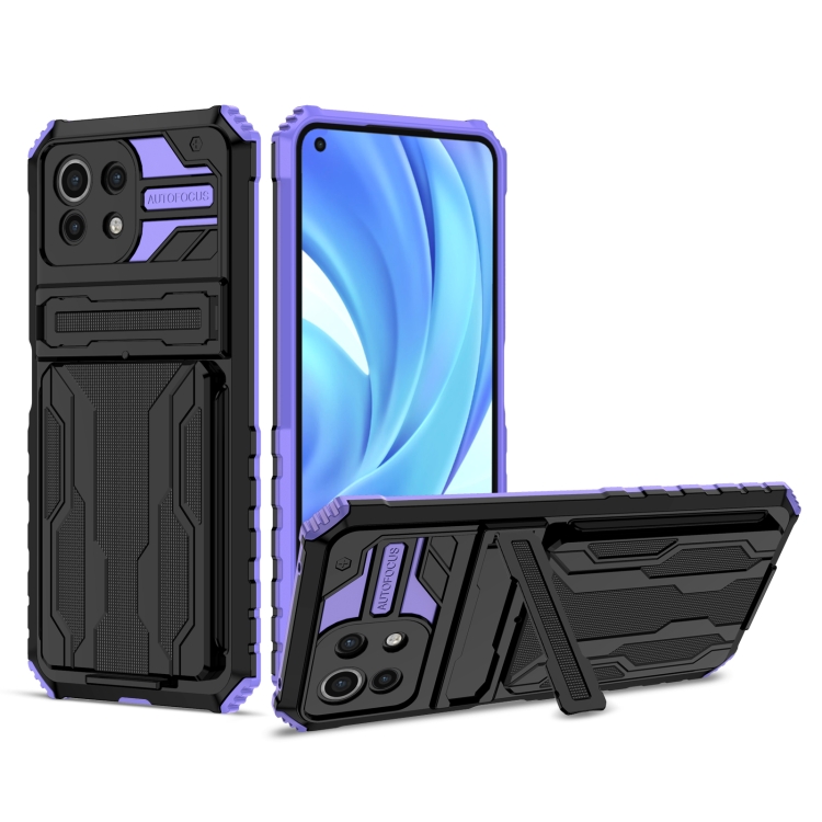 

For Xiaomi Mi 11 Lite Armor Card PC + TPU Shockproof Case with Card Slot & Invisible Holder(Purple)
