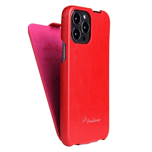 Fierre Shann Retro Oil Wax Texture Vertical Flip PU Leather Case For iPhone 13 Pro Max(Red)